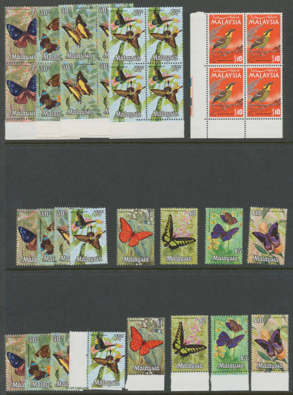 MALAYSIA: 1957-74 Federation and National issues in sets, large blocks and part-sheets, noted 1957 6c-30c SG 1-4 x10+ sets including (1961) 6c SG 1a x15, 1965 Birds $10 block of 4, 1970 Butterfies x5 sets, 1971 UNICEF x17 sets, 1972 Tourist Conference x6
