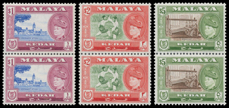 MALAYSIA: MALAYAN STATES: Singles, pairs and blocks of 4 or more for Kedah 1957 to 50c x10+, $1 x6 (3*) $2 x5 (2*) $5 x5 (1*), 1959 with $2 x5 & $5 x10 (including perf 13x12½ SG 114a x5); Kelantan 1957 $2 x12 & $5 x7, 1961-63 x7 sets; Negri Sembilan inclu