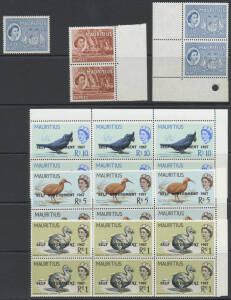 MAURITIUS: 1953-72 including 1953 Pictorials 5r x3 & 10r x4, 1965 Birds 5c 35c and 60c blocks of 30 5r x7 & 10r x7, 1967 Self Government overprints in sheets or part-sheets to 60c then 1r to 10r singles, pairs, blocks of 4 and 6, Cat £500+. (100s)
