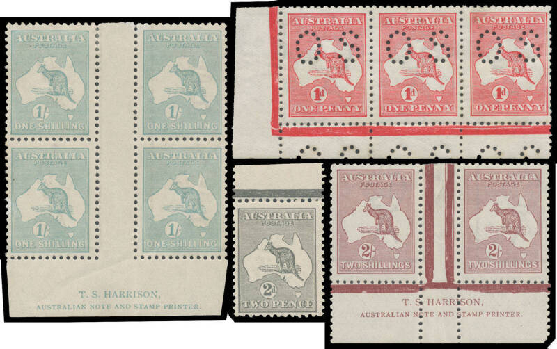 Handy group with Kangaroos First Wmk 2d & 3d both with the Watermark Inverted and 1d perf 'OS' No Monogram strip of 3, Third Wmk 2d & 1/- x2 all with the Watermark Inverted, 1/- Harrison Imprint block of 4 (minor bend & a little aged) & 2/- maroon Harriso