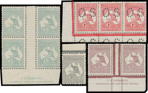 Handy group with Kangaroos First Wmk 2d & 3d both with the Watermark Inverted and 1d perf 'OS' No Monogram strip of 3, Third Wmk 2d & 1/- x2 all with the Watermark Inverted, 1/- Harrison Imprint block of 4 (minor bend & a little aged) & 2/- maroon Harriso