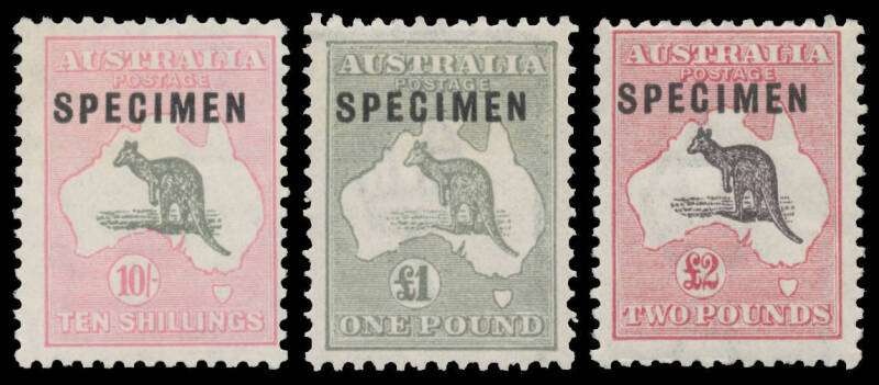 1932 Collector's set with Roos to 5/- + perf 'OS' to 10/- & Type C 'SPECIMEN' Overprint on Third Wmk £1 grey & £2 and SMult Wmk 10/-, KGV values to 1/4d x2 (one perf 'OS'), Engraved 1d & 6d, & several 'OS' perfins/overprints on Commemoratives, values to 5