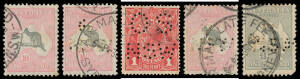 Useful array of Kangaroos to 10/- plus 'G/NSW' punctures including 5/- x3, 10/- x2 & £1, KGV with better values & 'OS/NSW' values including 1d Die III & some 'G/NSW', Postage Dues including Third Wmk 4d blocks of 30 x2 and CofA Wmk 5/- blocks of 6 & 8, et