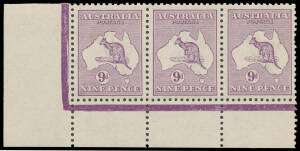 9d violet No Monogram strip of 3 from the left-hand pane BW 24(1)z, a pulled perf at right, the gum a trifle aged but unmounted except in the margins, Cat $40,000. A very rare & desirable item: Hugh Morgan's strip sold on 13.11.2012 for £15,600.