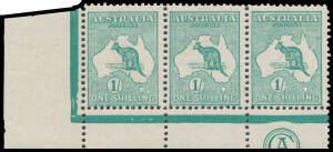 1/- emerald 'CA' Monogram strip of 3 BW #30(2)z guillotined through the monogram, the gum a trifle aged, the last unit with a hinge remainder, the other units are unmounted, Cat $12,000. [Hugh Morgan's similar hinged strip - one unit creased & the monogra