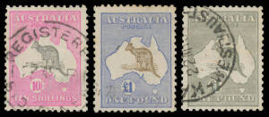 10/- grey & deep "aniline" pink (NSW cds), £1 olive-brown & pale blue (very light Sydney parcel cancel) & £1 grey (WA cds), Cat $3000+. An unusually fine trio of High Values.