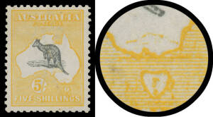 5/- grey & chrome with minor Doubling of the Frame Plate, well centred, lightly mounted. The doubling is most evident across South Australia & Victoria and into the Tasman Sea. This stamp may be related to the major Double Print BW #44c illustrated in the