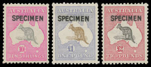 10/-, £1 brown & blue (faint bend) and £2 each with Type B 'SPECIMEN' Overprint, unusually well centred, unmounted, Cat $4000. [NB: the ACSC price for the 10/- unmounted is omitted; for mounted it is $600]