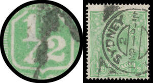 Comb Perf ½d green Electro 3 Clubbed Fraction Bar at Left BW #63(3)j, Sydney machine cancel just clear of the variety, Cat $1500. Superb!