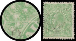 Comb Perf &frac12;d green Electro 3 Cracked Electro from Left-Hand Frame through Wattles to 'S' of 'AUSTRALIA' BW #63(3)m, a couple of tiny defects, light Brisbane cds largely clear of the variety, Cat $3500. Rare.