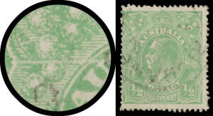 Comb Perf ½d green Electro 3 Cracked Electro from Left-Hand Frame through Wattles to 'S' of 'AUSTRALIA' BW #63(3)m, a couple of tiny defects, light Brisbane cds largely clear of the variety, Cat $3500. Rare.