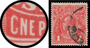 Smooth Paper 1d red Plate 4 'CNE PENNY' BW #71(4)q, heavy cds well clear of the variety, Cat $1500. Superb!