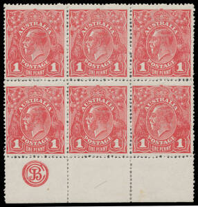 Rough Paper 1d carmine-rose Plate 1 'JBC' Monogram block of 6 - no side margin at right - BW #72Q(1)zb, well centred, minor bends, perf reinforcing in the margin only & all units are unmounted, Cat $1000+ (mounted).