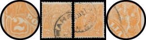 2d orange with Cracked Electro at Base of the Left-Hand Wattles & from Left-Hand Frame through Left-Hand '2' BW #95(3)ga, and Unlocated Crack from Frame at Upper-Right to Emu's Head #85(U)m, small faults, cds cancels clear of the varieties, Cat $900.