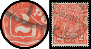 2d scarlet Electro 16 Large White Flaw in Left-Hand Value Tablet (Vertical Plank Flaw) BW #96(16)f, a couple of minor writing-ink spots, 'BRUNSWICK/12SE23/VIC' cds just impinges on the variety, Cat $3500. [The ACSC states "...extremely rare in red"]