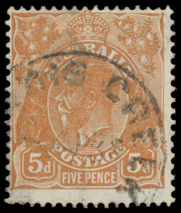 5d yellow-brown with the Watermark Inverted BW #127a (SG 130w) plated as [2R1], a couple of short perfs at lower-left, 'WERRIS CREEK/5AP33/NSW' cds, Cat $12,500 (£8000). [The ACSC states "Approximately eleven used examples - and no mint - with watermark i