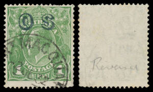 of OVERPRINTED 'OS': 1d green with the Watermark Reversed BW #82(OS)aa, a few short perfs, fine 'PORT MACQUARIE/2JE32/NSW' cds, Cat $2500. Michael Drury Certificate (2010).