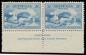 1932 Sydney Harbour Bridge 3d blue imprint pair with "Plate Dot" at lower-right, mounted in the margin only. [Dots of this nature are found on sheets of the 1/- Large Lyrebird. In the past they have been referred to as Plate Dots but it is now believed th