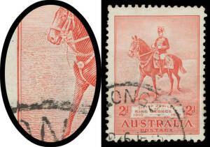 1935 Silver Jubilee 2d carmine with Recut Ground to Left of Horse BW #166(2)d, a couple of short perfs at upper-left, 'WOLLONGONG/6JE35/NSW' cds largely clear of the variety, Cat $800. Rare. [Arthur Gray stated that only six examples have been recorded. H