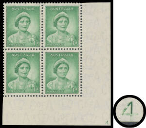 1937-49 Definitives Perf 13½x14 1d green Die I lower-right corner block of 4 with complete Plate Number '4' BW #181zk, Cat $2500.