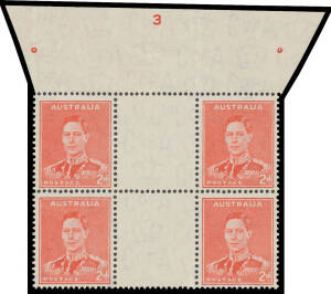 1937-49 Definitives Perf 15x14 2d red Die II gutter block of 4 from the top of the sheet with complete Plate Number '3' BW #188zb, unmounted, Cat $2500+ (mounted).