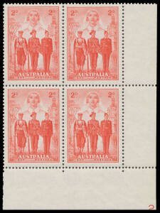 1940 AIF 2d red block of 4 from the lower-right of the sheet with large-part (80%) Plate Number '2' BW #219zc, unmounted, Cat $7500+ (mounted). [The ACSC states that only three examples have been recorded]
