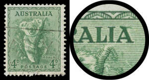 1948-56 No Watermark Definitives 4d Koala with Crack through the Last 'A' of 'AUSTRALIA' BW #199k, a couple of pulled perfs at the base, slogan cancel well clear of the variety, Cat $750. Rare: the ACSC states "Only several used examples are known". [It's