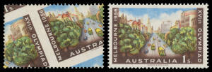 1956 Olympic Games 1/- Melbourne Trams with Grossly Misplaced (Diagonal) Perforations BW #334b, some gum disturbance that doesn't affect the spectacular facial appearance, Cat $2000. A marvellous item for the collector of Olympics, Trams or Errors/Freaks.