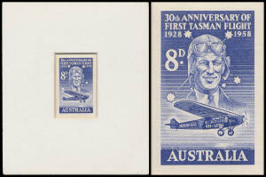 1958 Trans-Tasman Flight by Kingsford Smith 8d die proof in the issued colour in recessed mount with 'CBA/NOTE PRINTING/BRANCH/("28 /9.6.58")' cachet in violet on the reverse BW #343DP(1), Cat $3500. Superb! [The ACSC states that only 9 die proofs were cr