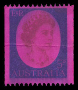 1964 QEII Coil Stamp Perf 14&frac34;xImperf 5d brown & deep blue BW #398E(1)A, horizontal crease, officially defaced with magenta die. Rare unissued essay & an important item for the collector of QEII issues, or of coil stamps. [The ACSC states that only one und