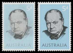 1965 Sir Winston Churchill 5d Dry Print of the Grey Ink (Portrait & 'AUSTRALIA') marginal single from the base of the sheet, unmounted. Unlisted in the ACSC. With a normal stamp for comparison. [John Blomfield's similar example sold at our auction of 5.3.