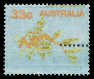 1984 Marine Life 33c Leafy Sea Dragon with Orange & Olive Printing Only on a washed-out blue background, with Aberrant Perfs into the design at right, unmounted. Weird!