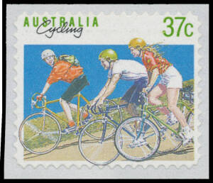 1989 Non-Olympic Sports Cycling as the issued 41c but denominated 37c BW #1379E(1), unmounted, Cat $6000 (2002). A world-class rarity in the fields of self-adhesive stamps, and "Cycling". [The ACSC classifies this stamp as an "essay". We consider this to 
