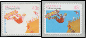 1989 Non-Olympic Sports 43c Skateboarding from the Fifth Printing (Four Koalas on the Reverse) with the Blue Printing (Background & Details) Almost Entirely Omitted BW #1383Ec, minor bend at lower-right, Cat $2500 (2002). A stunning error! With a normal s