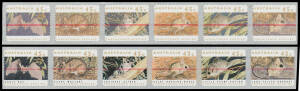 1992 Threatened Species 45c self-adhesive strip of 6 all with the Black Printing (Animal Inscriptions) Omitted defaced with continuous red-ink line BW #1557Bcb, Cat $3000 (2002). With a normal (defaced) strip for comparison.