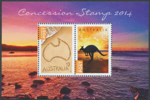 2014 Concession Post self-adhesive pane of 5; Kangaroo tied to plain unaddressed First Day Cover (minor blemishes); & perforated M/S. [No official FDCs were provided] (3 items)