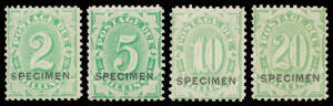 1902-04 Filled Tablet &frac12;d to 20/- complete with sans serif 'SPECIMEN' Overprint, very fresh & very lightly mounted (several may be unmounted), Cat $2100 (&pound;1100). An exceptional set. Advertised retail "POR". [Far superior to the "Shades of Green" set - a fe
