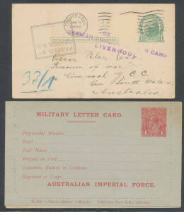 WWI 1d Letter Card with 'AUSTRALIAN IMPERIAL FORCE' at the base, unused; & 1916 USA 1c Postal Card to NSW with 'GERMAN CONCENTRATION CAMP/LIVERPOOL' arrival h/s (stamp removed, possibly by the censor); a few blemishes. (2)