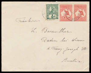 1913 commercial cover to Austria with scarce combination franking of Kangaroo 1d red pair + Queensland &frac12;d tied by light 'RICHMOND/18MY13/QUEENSLAND' cds, Brisbane transit b/s, repaired flap fault.