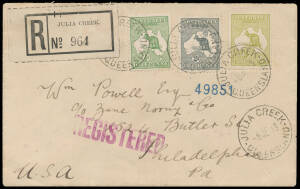 1913 commercial cover to Pennsylvania with 3-colour franking of First Watermark &frac12;d green, 2d grey & 3d olive tied by 'JULIA CREEK/9JL13/QUEENSLAND' cds, rare black/white registration label, Brisbane transit b/s, American 'REGISTERED' h/s & three b/s all 