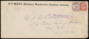 1915 cover (265x113mm) with 'HV McKAY Machinery Manufacturer, Sunshine, Australia' imprint at the top, to New York with rare franking of Second Watermark 9d violet (Cat $2000 on cover) + KGV 1d red Die II (tiny faults) tied by 'SUNSHINE/24SE15/VICTORIA' c