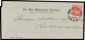 1924 OHMS lettersheet with rare franking of KGV No Wmk 1&frac12;d punctured 'OS' BW #90ba (poorly centred; Cat $500 on cover) tied by superb Melbourne cds.