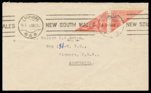 1932 local cover with Sydney Harbour Bridge Typo 2d pair of diagonal bisects (!) tied by superb strike of the scarce Lismore Krag machine cancel of 4MAY32. Most unusual.