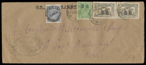 1933 OHMS cover with WA Railways cachet at lower-left, by air to Perth with 'OS' Overprints KGV 1d & 6d brown Airmail x2 tied by 'PT HEDLAND/25NO33/WA' cds but underpaid & an extra 3d added & tied by 'PORT HEDLAND/25NOV33/WESTERN AUSTRALIA' cds. [The 3d i