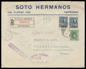 1936 commercial registered cover from Uruguay to "Sidney Nova Scotia/Canada" but with 'REGISTERED/SYDNEY NSW' b/s & very fine oval 'MISSENT TO SYDNEY/("27 7 36")/NSW" handstamp - not previously seen by us - in violet, forwarded & with three Canadian b/s i