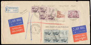 1969 registered cover to Germany endorsed "Second class airmail - commercial paper" with 'SPECIAL/DELIVERY' labels & remarkable franking of Navigators 50c & $1 plus Famous Australians 5c booklet panes Banjo Paterson (complete) & Caroline Chisholm (the las