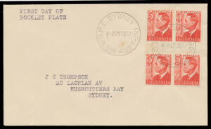 1951 Booklet Plate KGVI 3d scarlet gutter block of 4 on plain JC Thompson FDC with 'GPO SYDNEY 130/25OC51/NSW-AUST' cds, minor tonespot on the face, Cat $2500, in a footnote. [The ACSC states "At least four First Day Covers are recorded"]