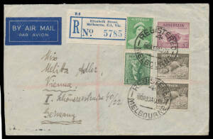 1939 (Aug 30) registered cover from Melbourne to "Vienna/.../Germany" with Athens transit b/s largely obscured by German '...zollamtlich/geöffnet' (= Opened by Customs) labels used in lieu of censor labels & with 'WIEN 1/13.1X.39' arrival cds, opened-out 