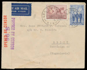 1940 (Aug 16) cover Sydney to Yugoslavia with 3d & 1/6d (both creased before being affixed), 'ZAGREB/16.IX.40/...' arrival b/s, minor blemishes. [The cover must have been off-loaded at Cairo & sent to destination by sea]