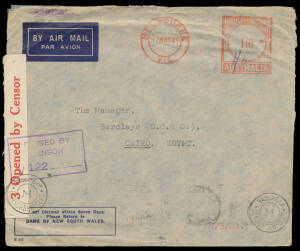 1941 (May 7) Bank of NSW cover to Egypt with 1/6d meter & Cairo arrival b/s of 20/MAY//1941', Censorship Department machine cachet. [The pro-German insurrection in Iraq in late-April 1941 caused the flying boat base at Lake Habbaniya to be evacuated & the